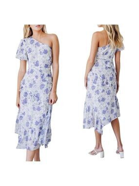 All in Favor One Shoulder Floral Rose Ruffle Flowy Midi Dress with Front Slit